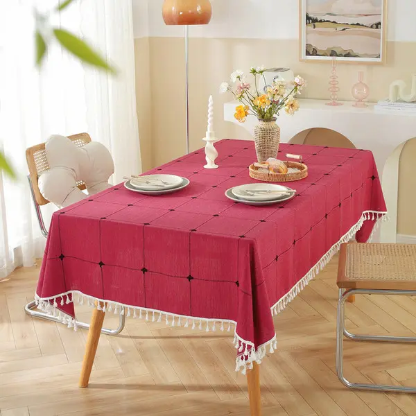 Geometric Grid Tassel Tablecloth Modern Dining Table Cover