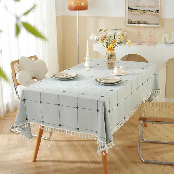 Geometric Grid Tassel Tablecloth Modern Dining Table Cover - Image 2