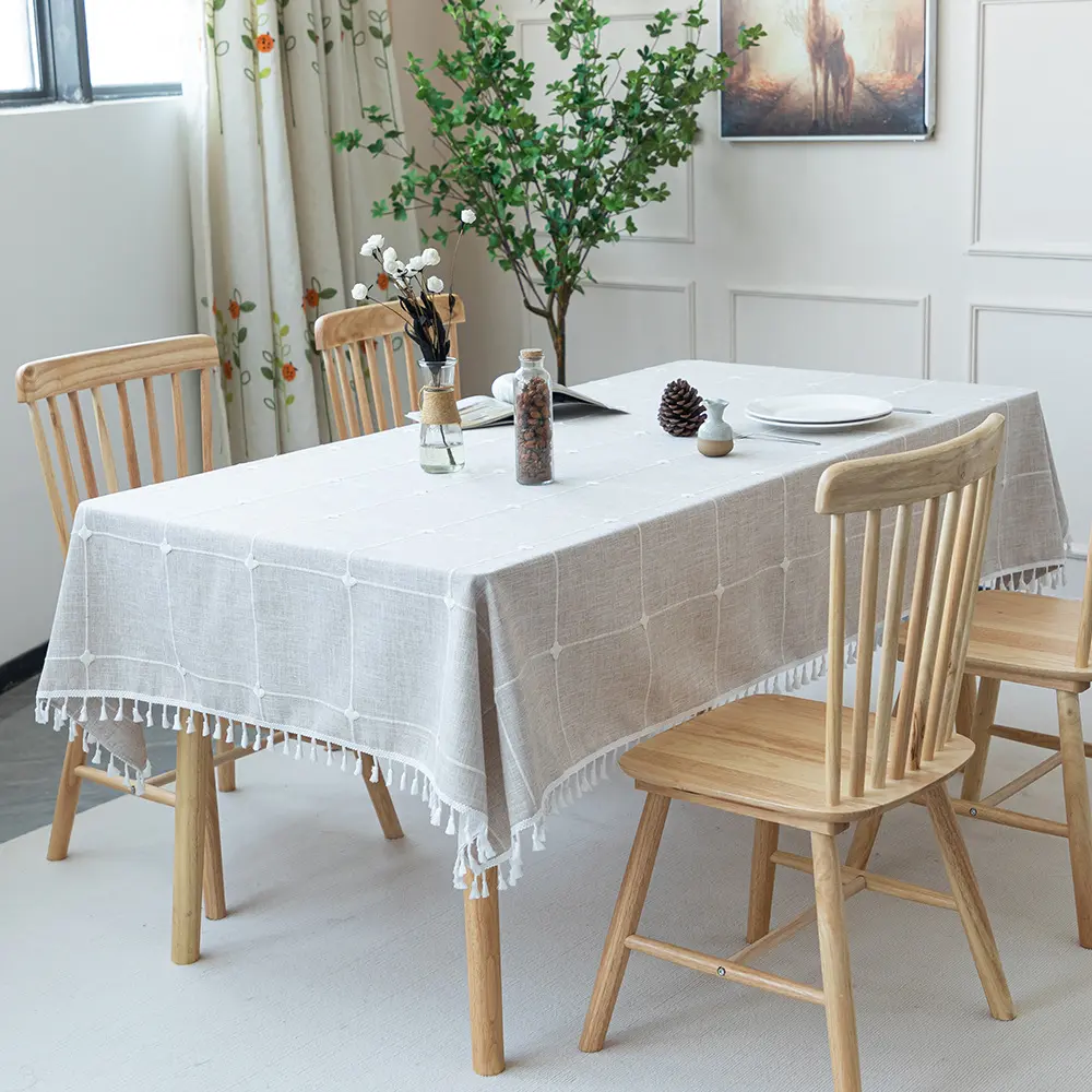 Geometric Grid Tassel Tablecloth Modern Dining Table Cover - Image 5