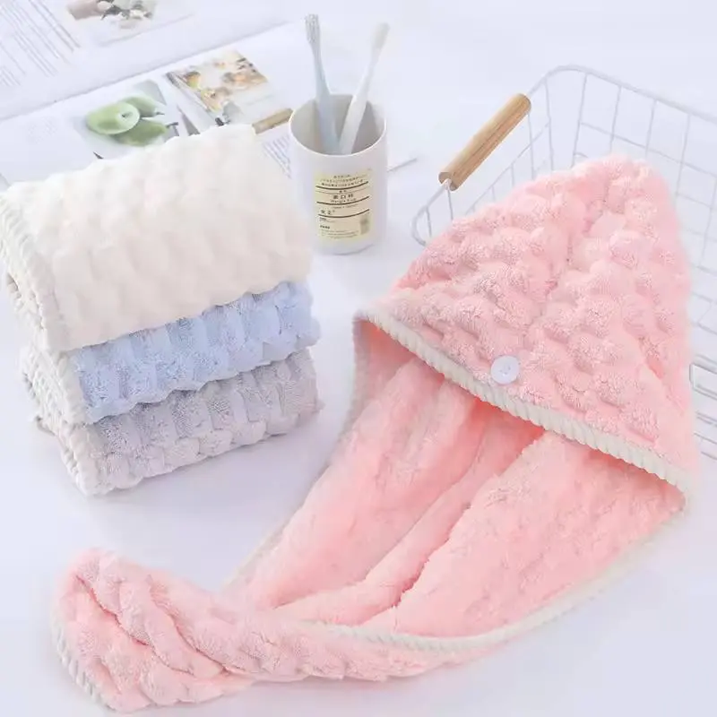 Soft Coral Velvet Hair Drying Towel with Button Loop - Image 2