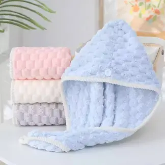 Soft Coral Velvet Hair Drying Towel with Button Loop